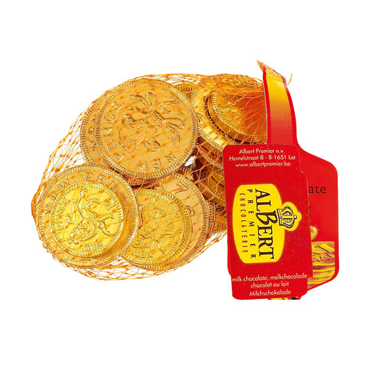 Gold foiled UK milk chocolate coins in net