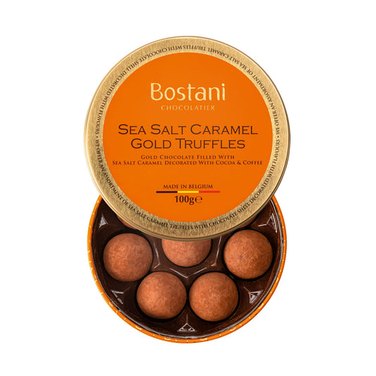 Gift tin of sea salt caramel gold chocolate truffles rolled in cocoa and coffee flavour powder - 11 x 3.6cm