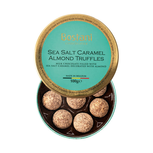 Gift tin of sea salt caramel almond milk chocolate truffles rolled in almond flavour powder - 11 x 3.6cm