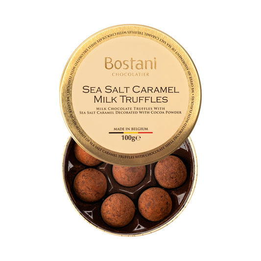 Gift tin of sea salt caramel milk chocolate truffles rolled in cocoa powder - 11 x 3.6cm