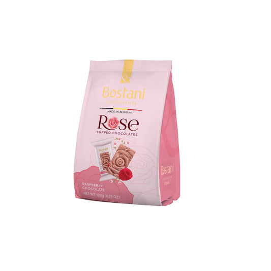 Gift bag of individually wrapped rose shaped raspberry flavour chocolates