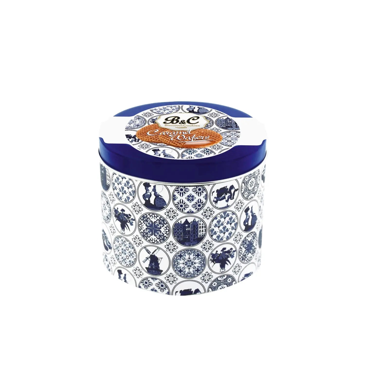 Blue and white tin of caramel wafers - VAT FREE Jag Couture London - New York