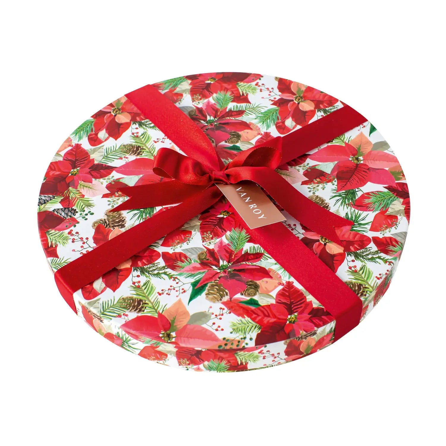 Deluxe rigid round box of assorted Belgian chocolates (2 x poinsettia designs) - 30cm Jag Couture London - New York