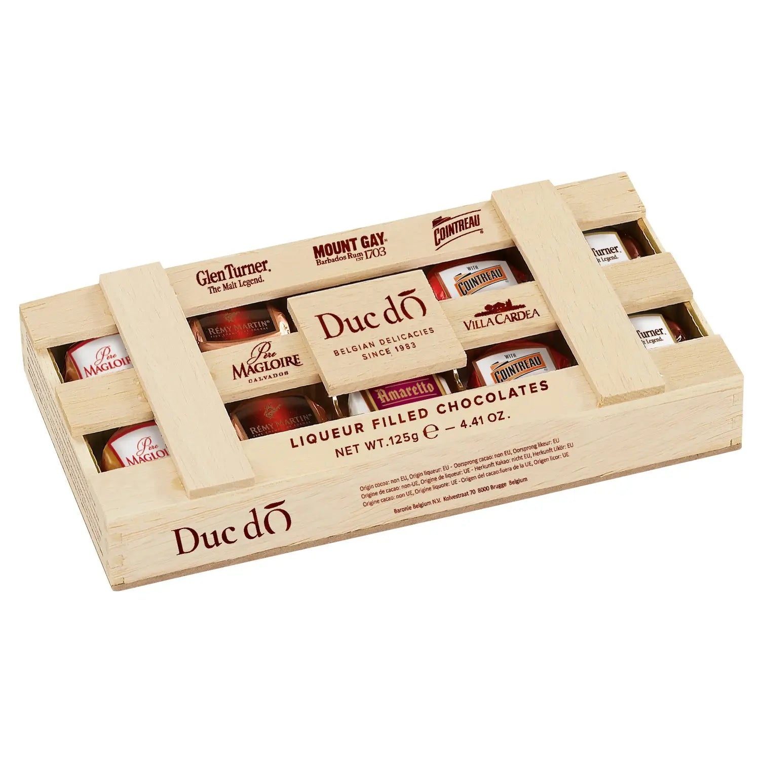 Duc d'O wooden crate of assorted liqueur filled chocolates with sugar crust Jag Couture London - New York