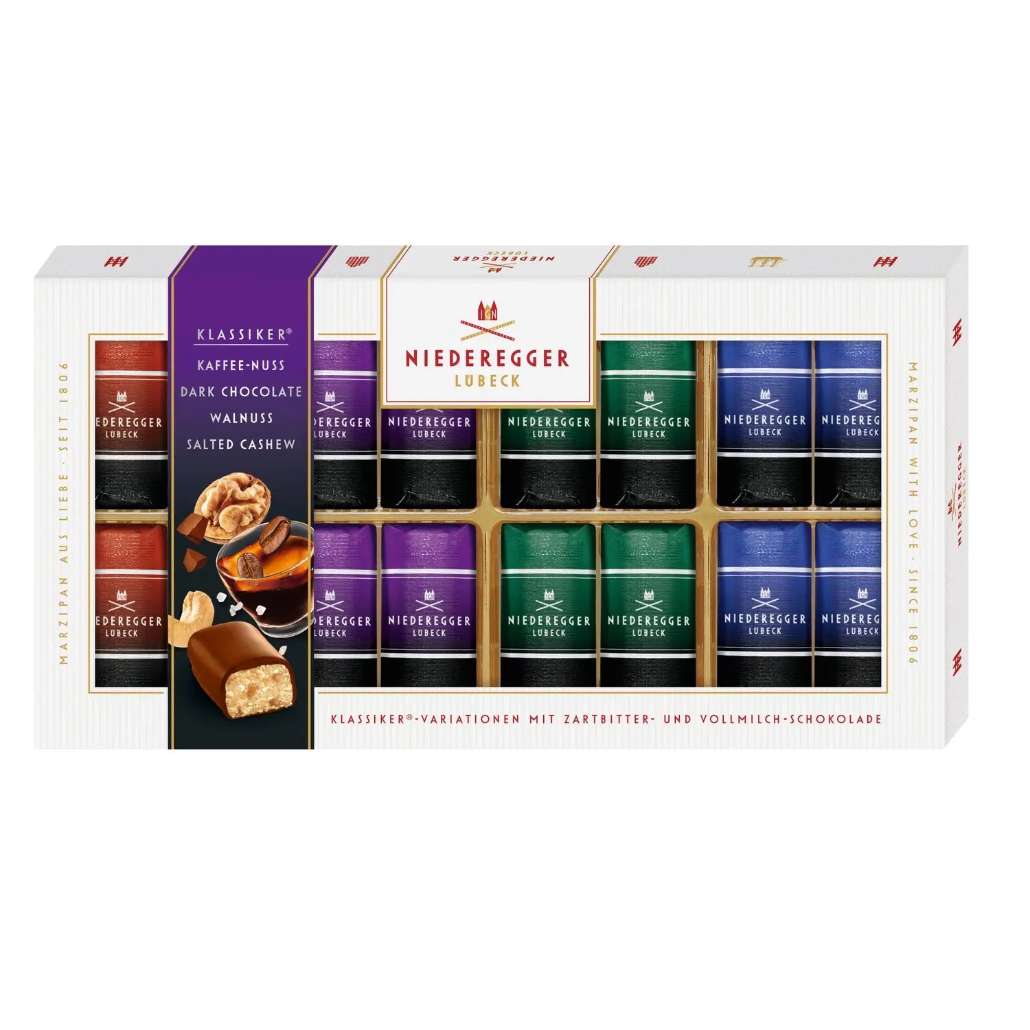 Editions dark chocolate covered mini marzipan loaves in gift box - coffee nut, dark, walnut, salted cashew Jag Couture London - New York