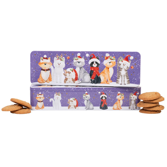 Christmas Cats rectangular tin of stem ginger biscuits - VAT FREE
