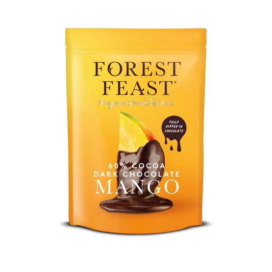 Forest Feast mango strips dipped in dark Belgian chocolate