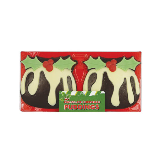 Hand decorated chocolate Christmas puddings in acetate pack