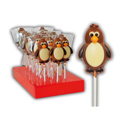 Hand decorated chocolate penguin lollipops in display