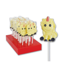 Hand decorated white chocolate Una the unicorn lollipops in display