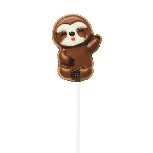 Hand decorated chocolate sloth lollipops in display