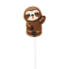 Hand decorated chocolate sloth lollipops in display