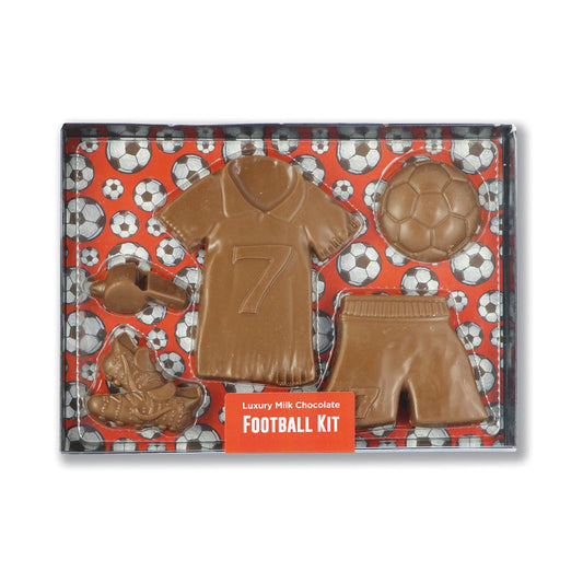 Milk chocolate football kit in black gift box with clear lid