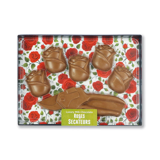 Milk chocolate roses & secateurs kit in black gift box with clear lid