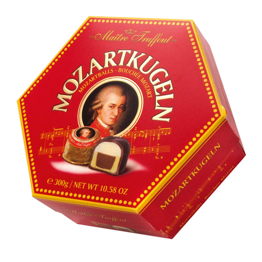 Mozart Kugeln hex box of milk & dark chocolate, pistachio marzipan, marzipan and hazelnut praline bonbons