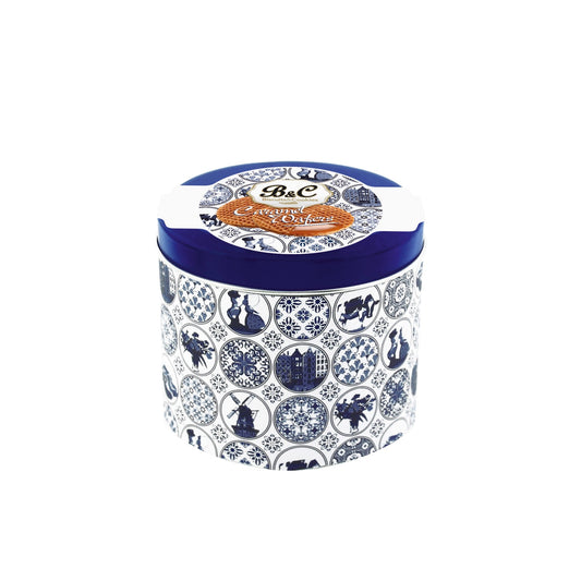 Blue and white tin of caramel wafers - VAT FREE