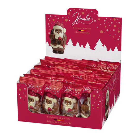 Display of hollow milk chocolate Santa figures in flowpack