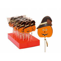 Hand decorated solid milk chocolate pumpkin with hat lolly Jag Couture London - New York