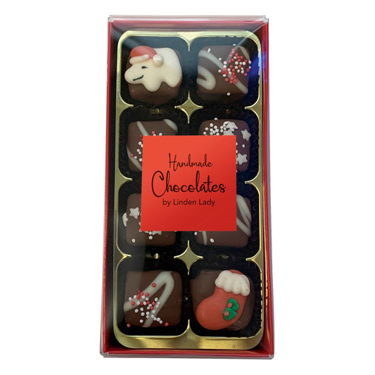 Linden Lady 8 chocolate covered fudge pieces in long red box with cello lid