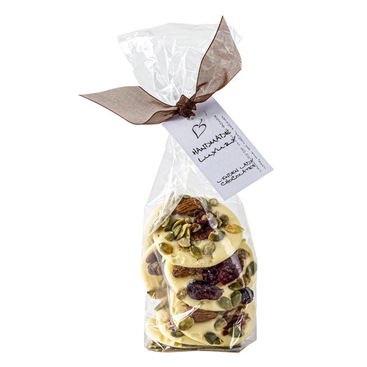 Linden Lady gift bags of white chocolate mendiants