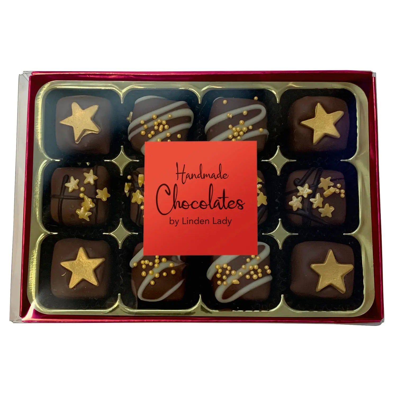 Linden Lady 12 chocolate covered fudge pieces in long red box with cello lid Jag Couture London - New York