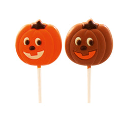 Decorated solid milk chocolate and orange coloured white chocolate pumpkin lolly 12 of each
