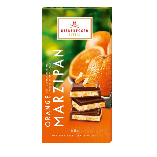 Dark chocolate covered orange flavoured marzipan bar