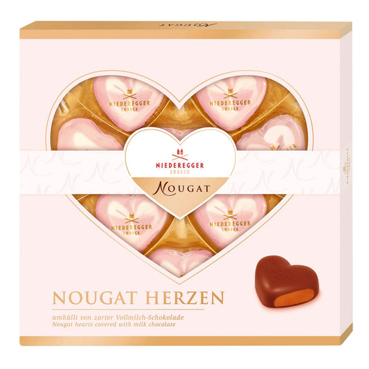 Foiled milk chocolate praline hearts in gift box