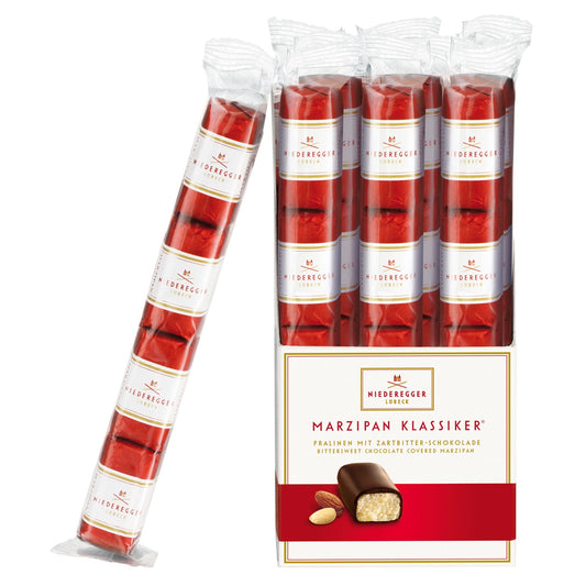 Classic dark chocolate covered bite-sized marzipan loaves in flow wrapped stick pack