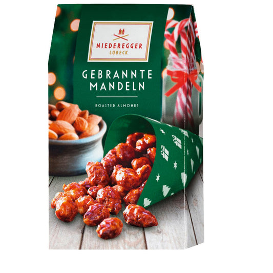 Roasted caramelised almonds in green gift carton