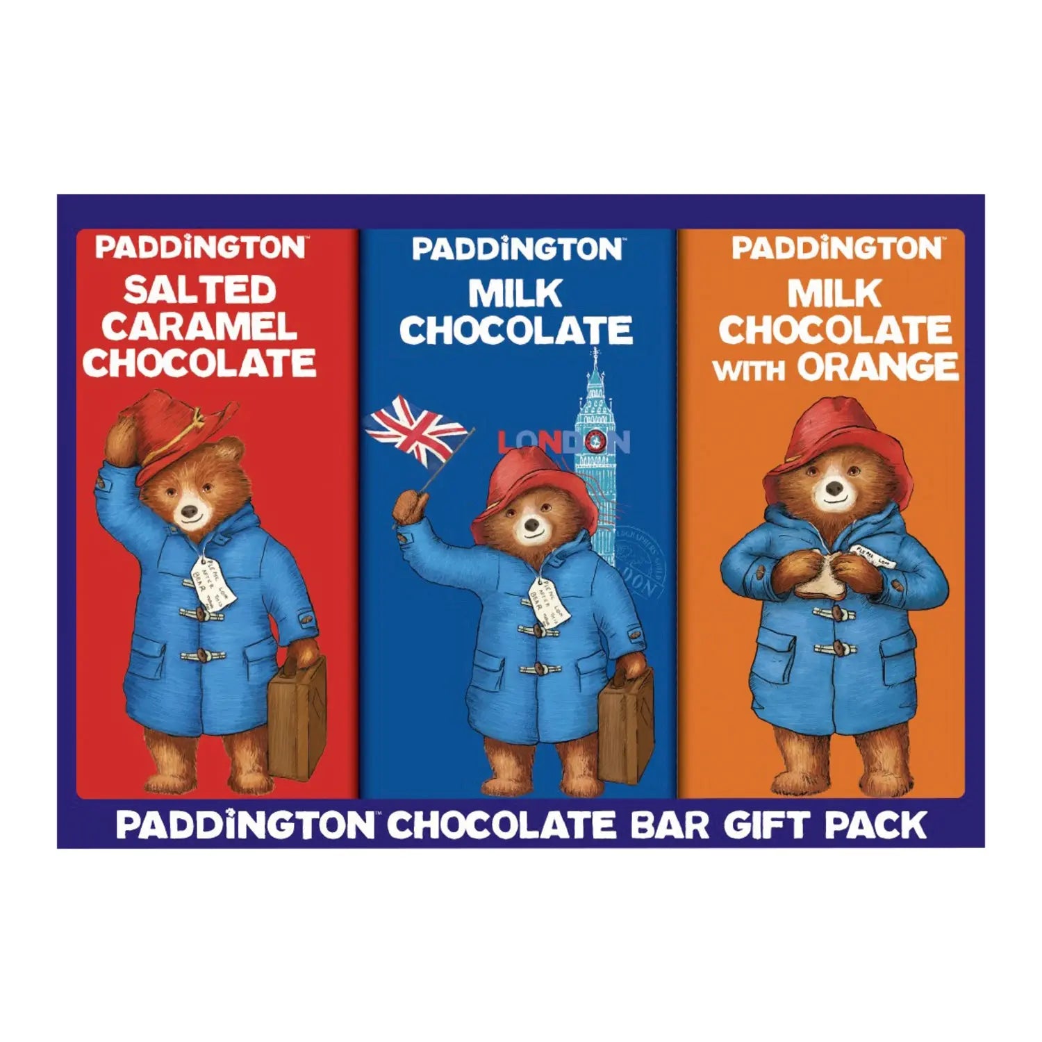 Paddington Bear gift pack of 3 boxed chocolate bars - milk, milk orange, milk salted caramel Jag Couture London - New York