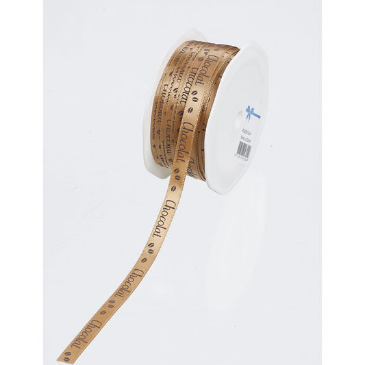 Caramel brown Chocolat printed single faced satin woven edge ribbon