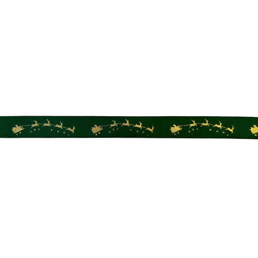Winter green single faced satin ribbon with gold Santa on sleigh