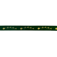 Winter green single faced satin ribbon with gold Santa on sleigh
