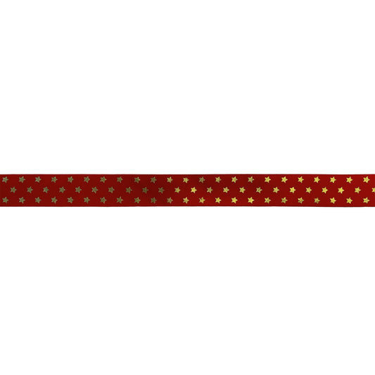 Red single faced satin ribbon with gold twinkling stars