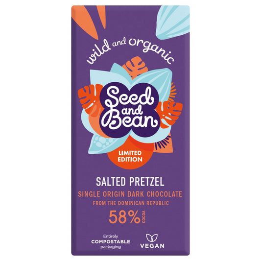 Organic 58% dark chocolate bar with salted pretzel