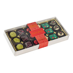 The Christmas collection of assorted chocolates in 18 choc grey base with cello lid Jag Couture London - New York