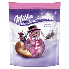 Milka milk chocolate bonbons with popping candy crème filling in pouch