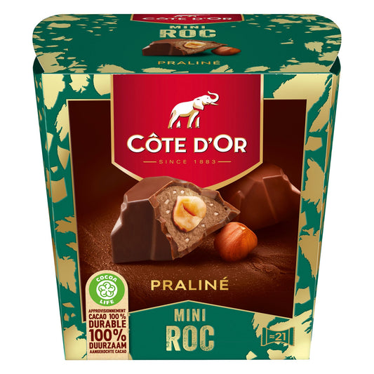 Cote d'Or Mini Roc Praline - smooth milk chocolate with a whole hazelnut, soft praline and crispy pieces