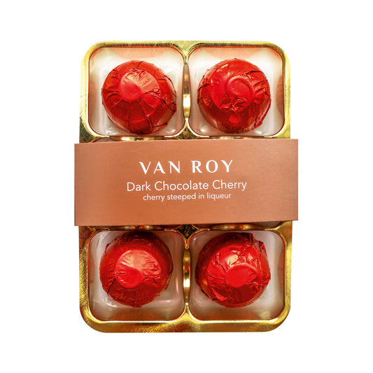 Van Roy 6 pack of red foiled cherry liqueurs in dark chocolate in cello