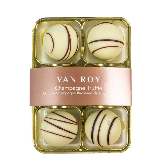 Van Roy 6 pack of white chocolate covered Marc de Champagne truffles in cello