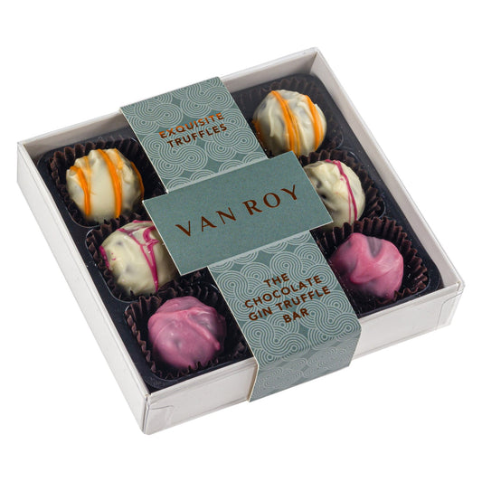 The Chocolate Gin Bar selection of truffles in 9 choc grey base with cello lid