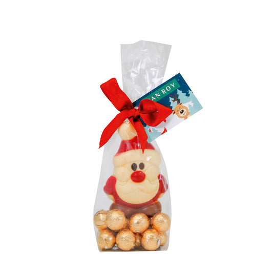 Hollow Belgian milk and white chocolate mini happy Santas on gold foiled milk chocolate balls in gift bag - 6 of each