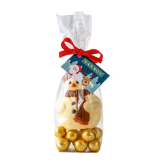 Hollow Belgian white chocolate snowmen on gold foiled milk chocolate balls in gift bag
