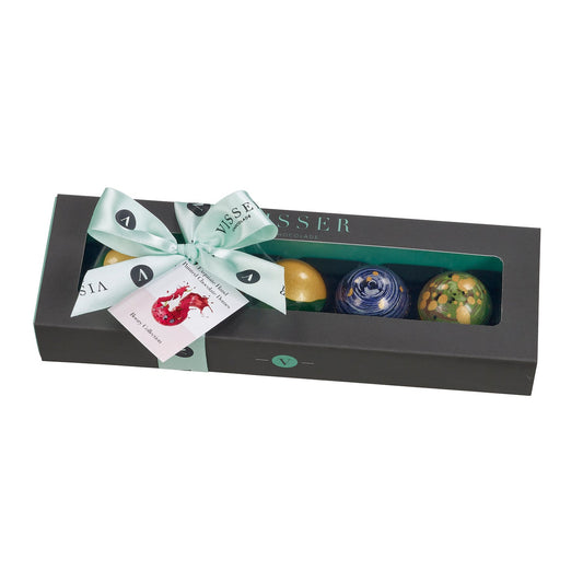 Deluxe gift box of 5 boozy Picasso chocolates with menu tag