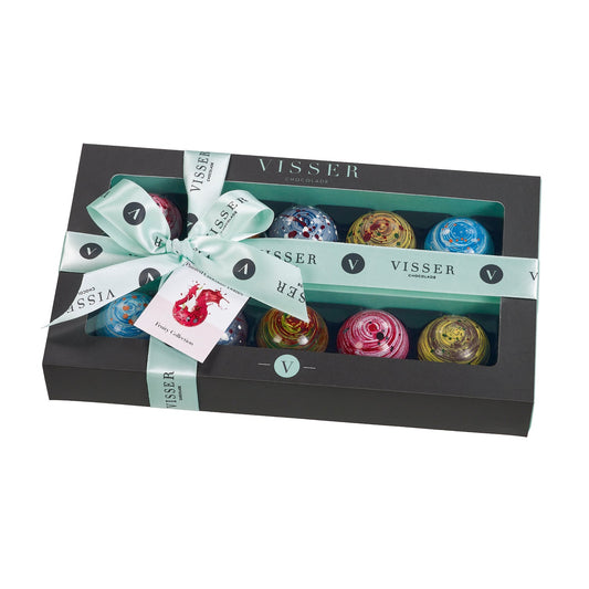 Deluxe gift box of 10 fruity Picasso chocolates with menu tag