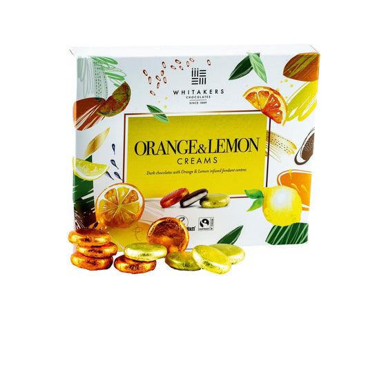 Whitakers foiled dark chocolate orange and lemon creams in carton