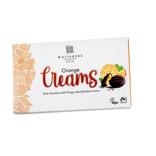 Whitakers dark chocolate covered orange fondant creams in carton