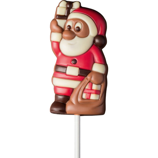 Decorated solid milk chocolate Santa with present lolly in display - 165mm
