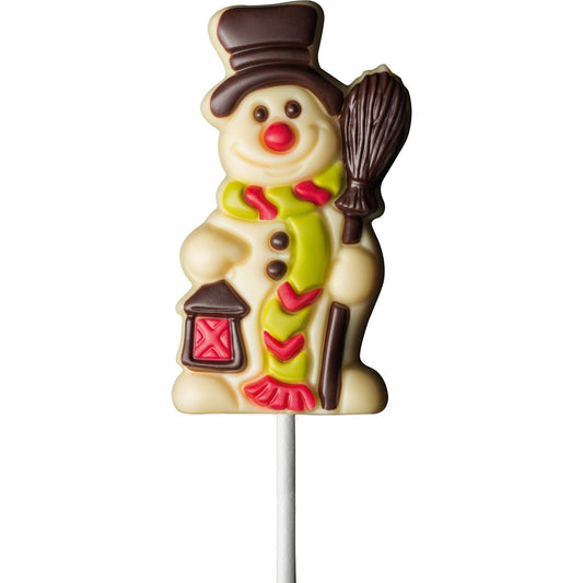 Decorated solid white chocolate snowman lolly in display - 160mm